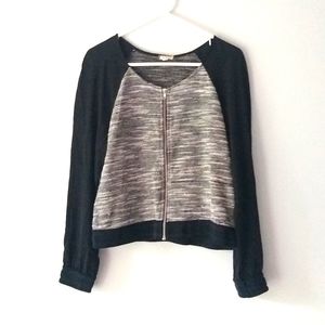 Eyeshadow Full Zip Long Sleeved Blouse Knit Top Cardigan Black Grey White Medium